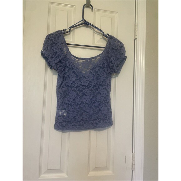 (15.99) Medium Indigo Ambiance Lace Crop Belle Sleeve Mesh Top - Picture 4 of 5